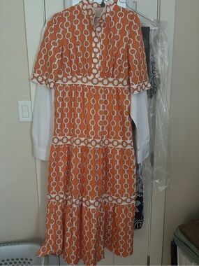 Women's Orange Chain-Print Tiered Dress